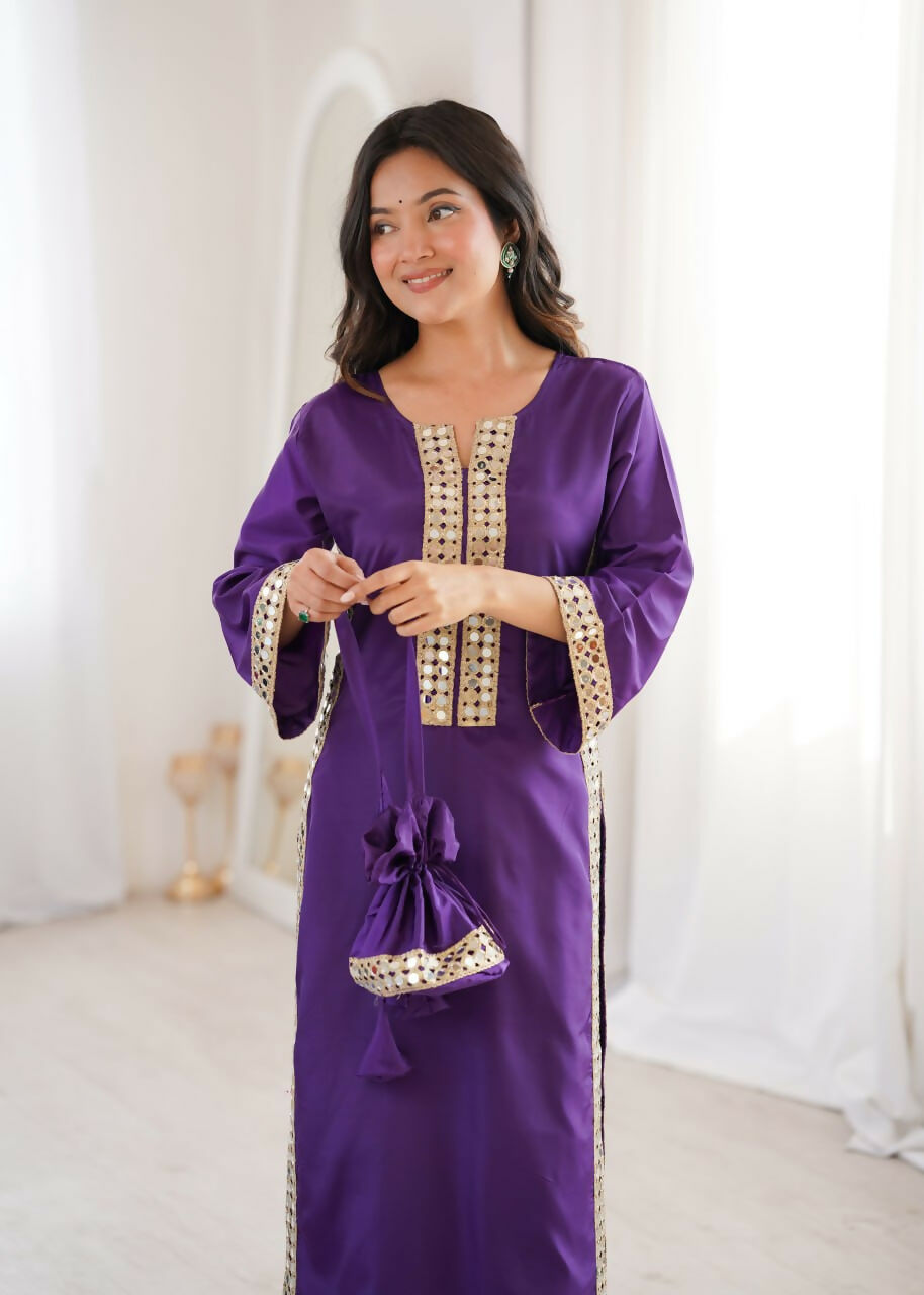 Teeya Creation Womens New Trending Purple Color Natural Crepe With Real Mirror Lace Work Kurta Set - Dista