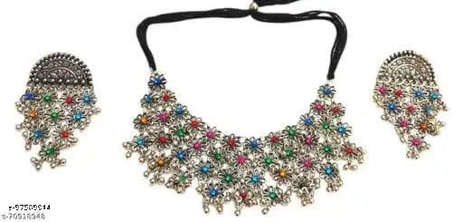 Tehzeeb Creations Women's Silver Color Oxidised Necklace Set With Multi Kundan - Distacart