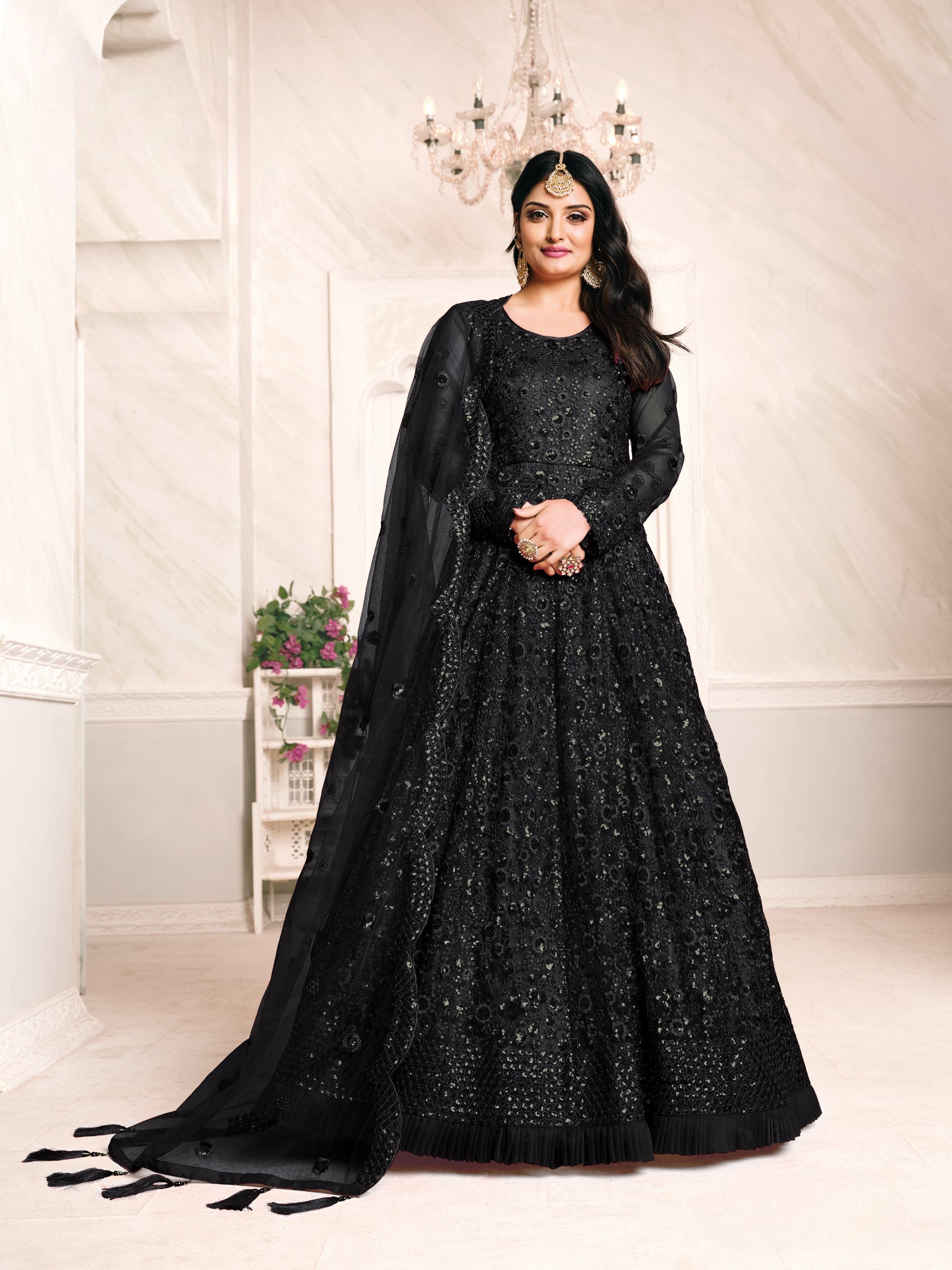 Anaita Black Embroidered Net Anarkali Suit - Distacart