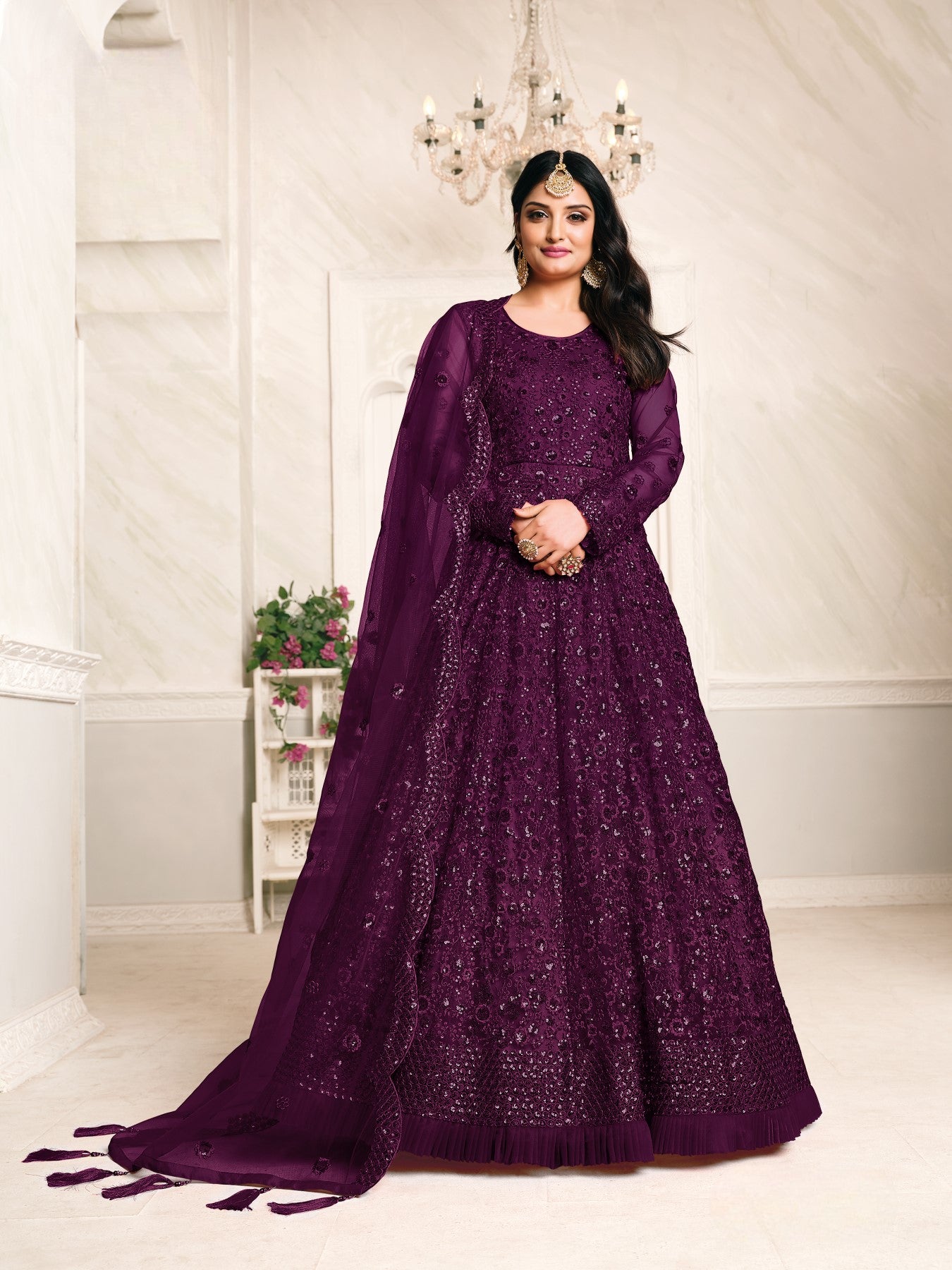 Anaita Purple Embroidered Net Anarkali Suit - Distacart