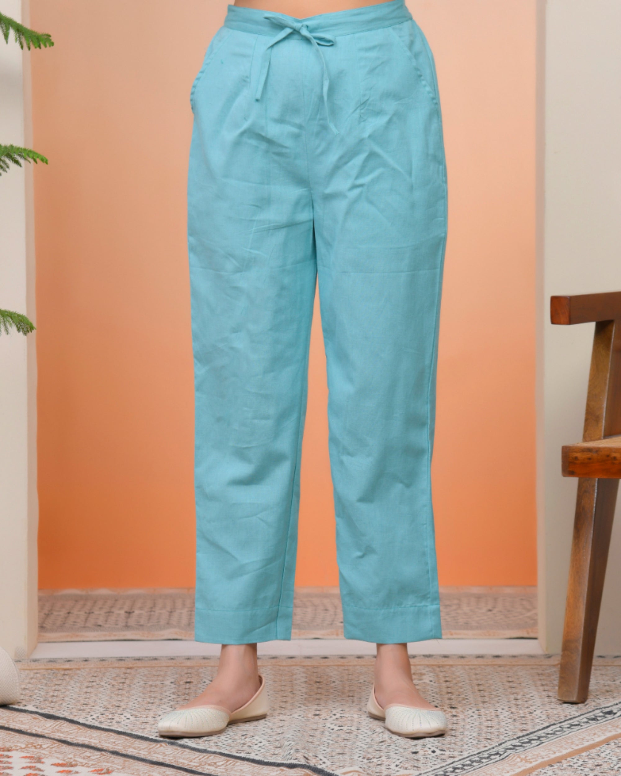 Vaasva Women Turquoise Cotton Flax Solid Straight Pants
