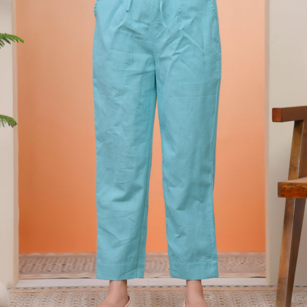 Vaasva Women Turquoise Cotton Flax Solid Straight Pants