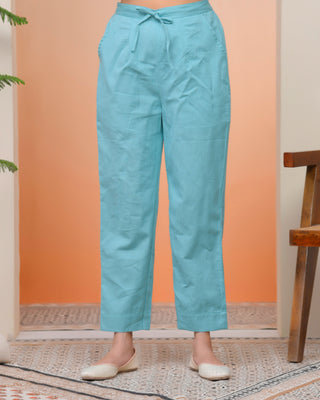 Vaasva Women Turquoise Cotton Flax Solid Straight Pants