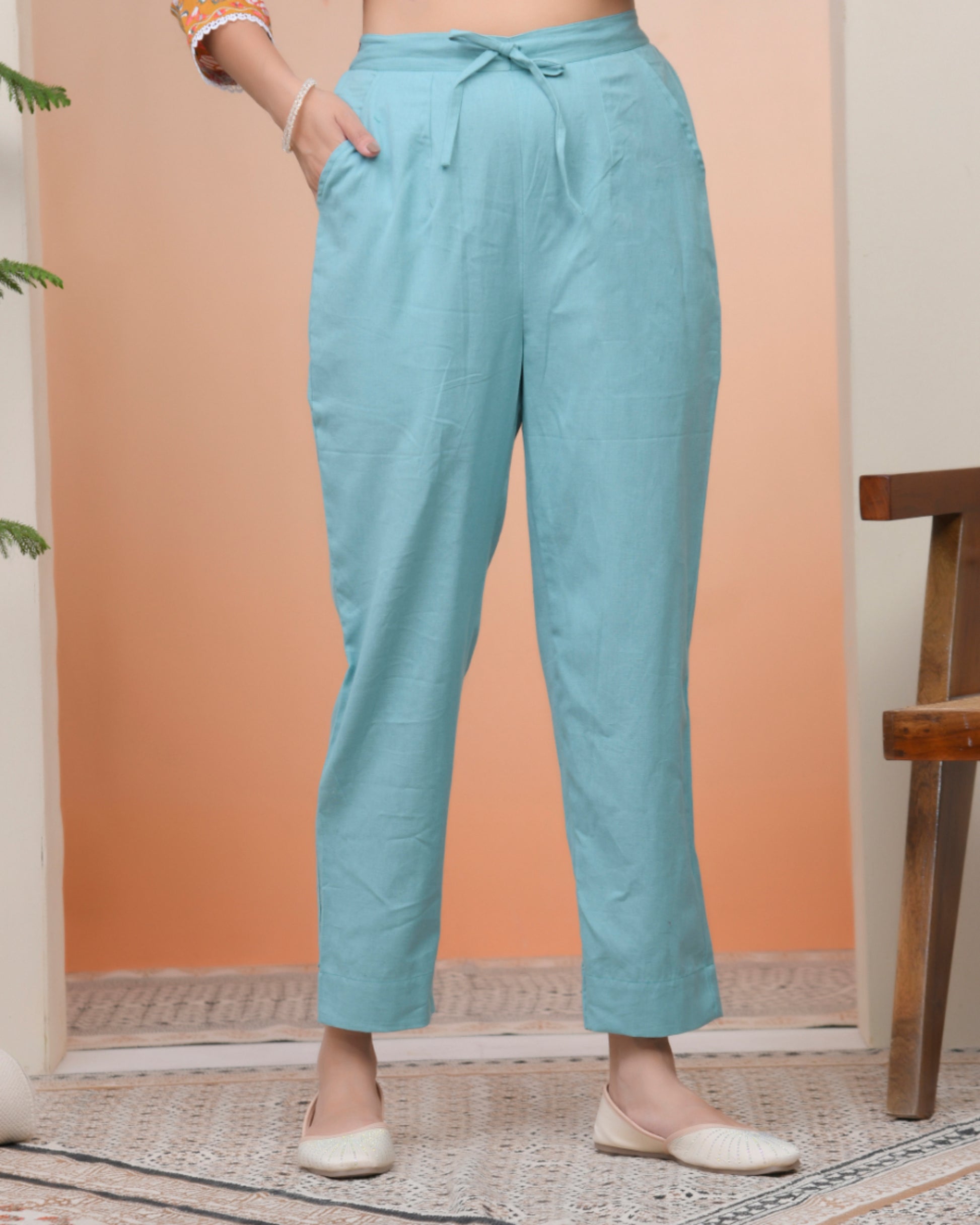 Vaasva Women Turquoise Cotton Flax Solid Straight Pants - Distacart