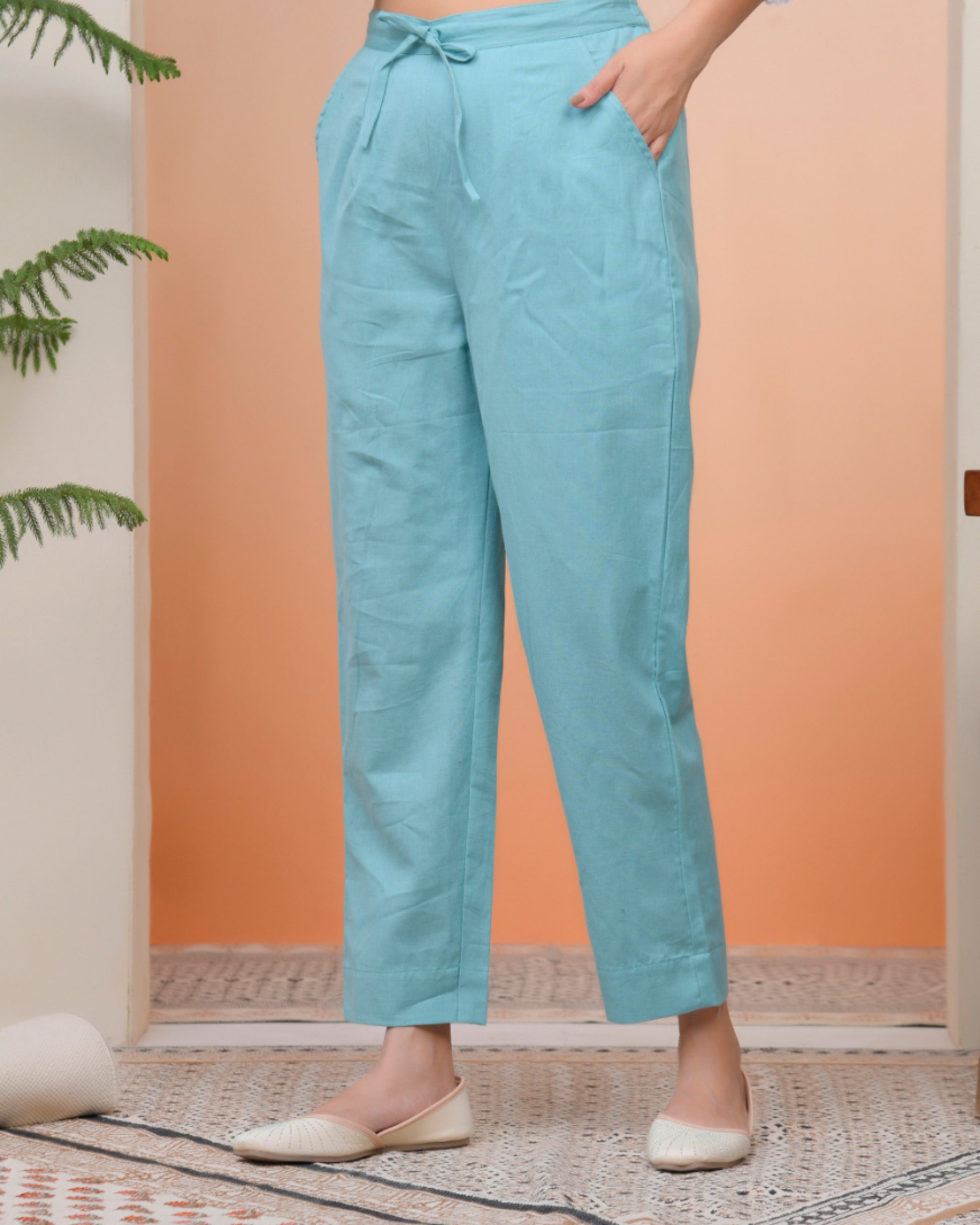 Vaasva Women Turquoise Cotton Flax Solid Straight Pants - Distacart
