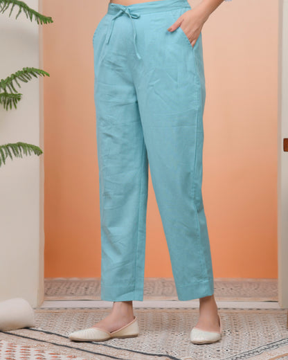 Vaasva Women Turquoise Cotton Flax Solid Straight Pants - Distacart