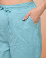 Thumbnail for Vaasva Women Turquoise Cotton Flax Solid Straight Pants