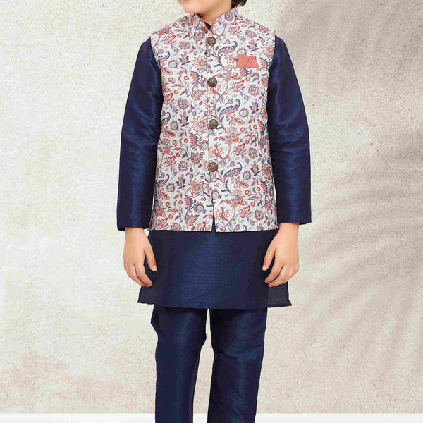 Raivat Ethnic Banarasi Silk Digital Printed Kurta Pajama With Jacket In Blue Colour - Distacart