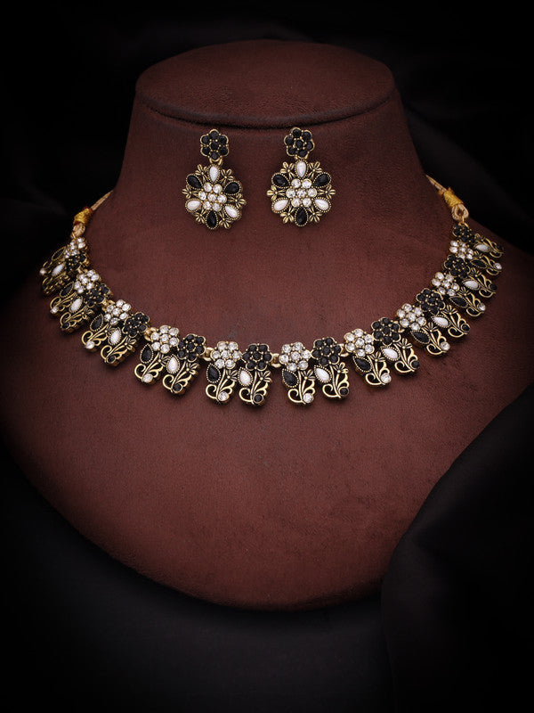 Tehzeeb Creations Luxurious Mendi Gold Polished White & Black Ad Jewellery Choker Necklace Set With Matching Earrings - Distacart