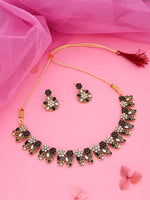 Thumbnail for Tehzeeb Creations Luxurious Mendi Gold Polished White & Black Ad Jewellery Choker Necklace Set With Matching Earrings - Distacart