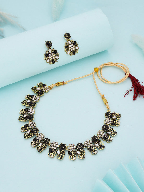 Tehzeeb Creations Luxurious Mendi Gold Polished White & Black Ad Jewellery Choker Necklace Set With Matching Earrings - Distacart