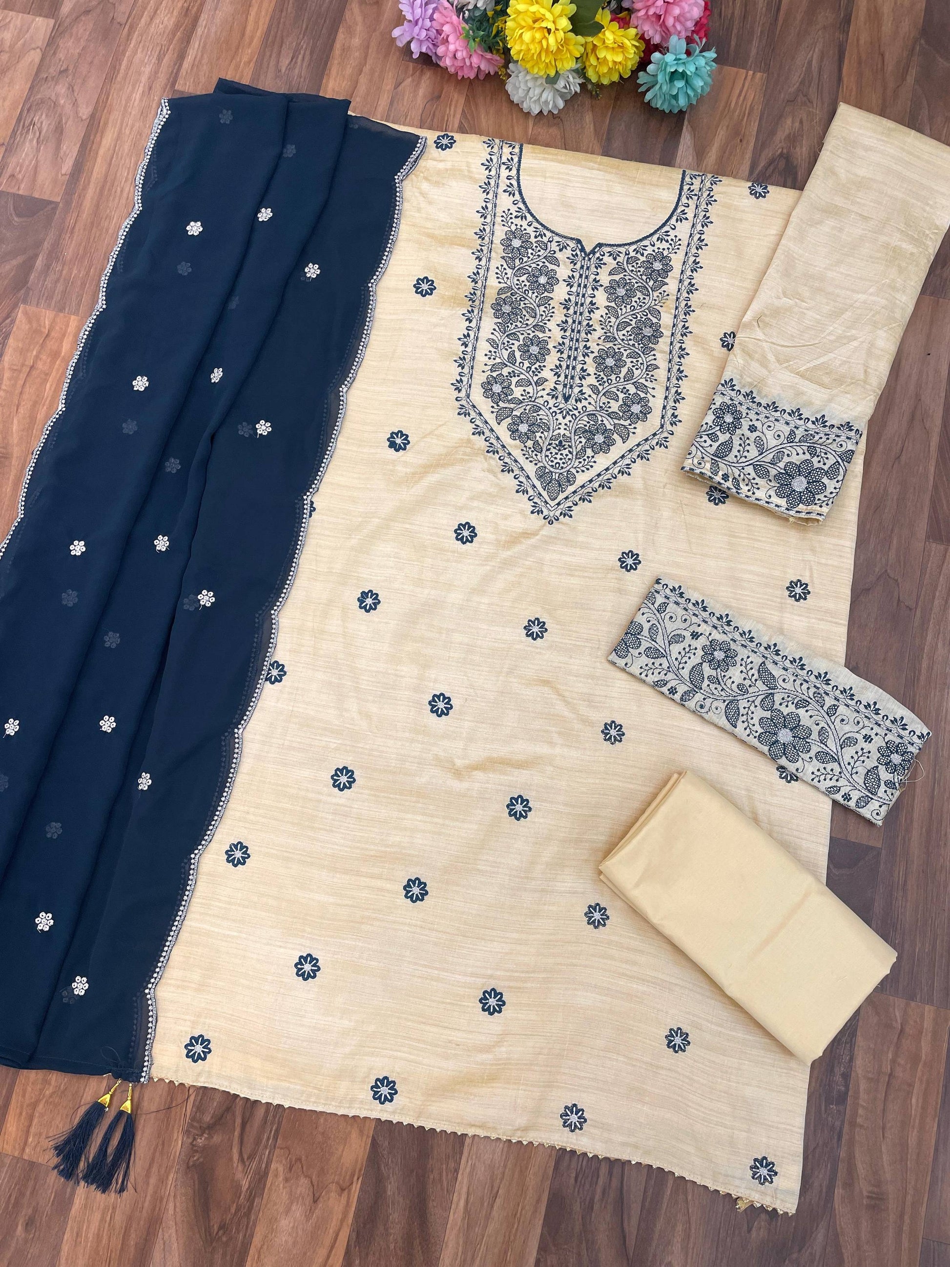 Anaita White Navy Khadi Cotton Suit with Embroidery & Patchwork - Dista