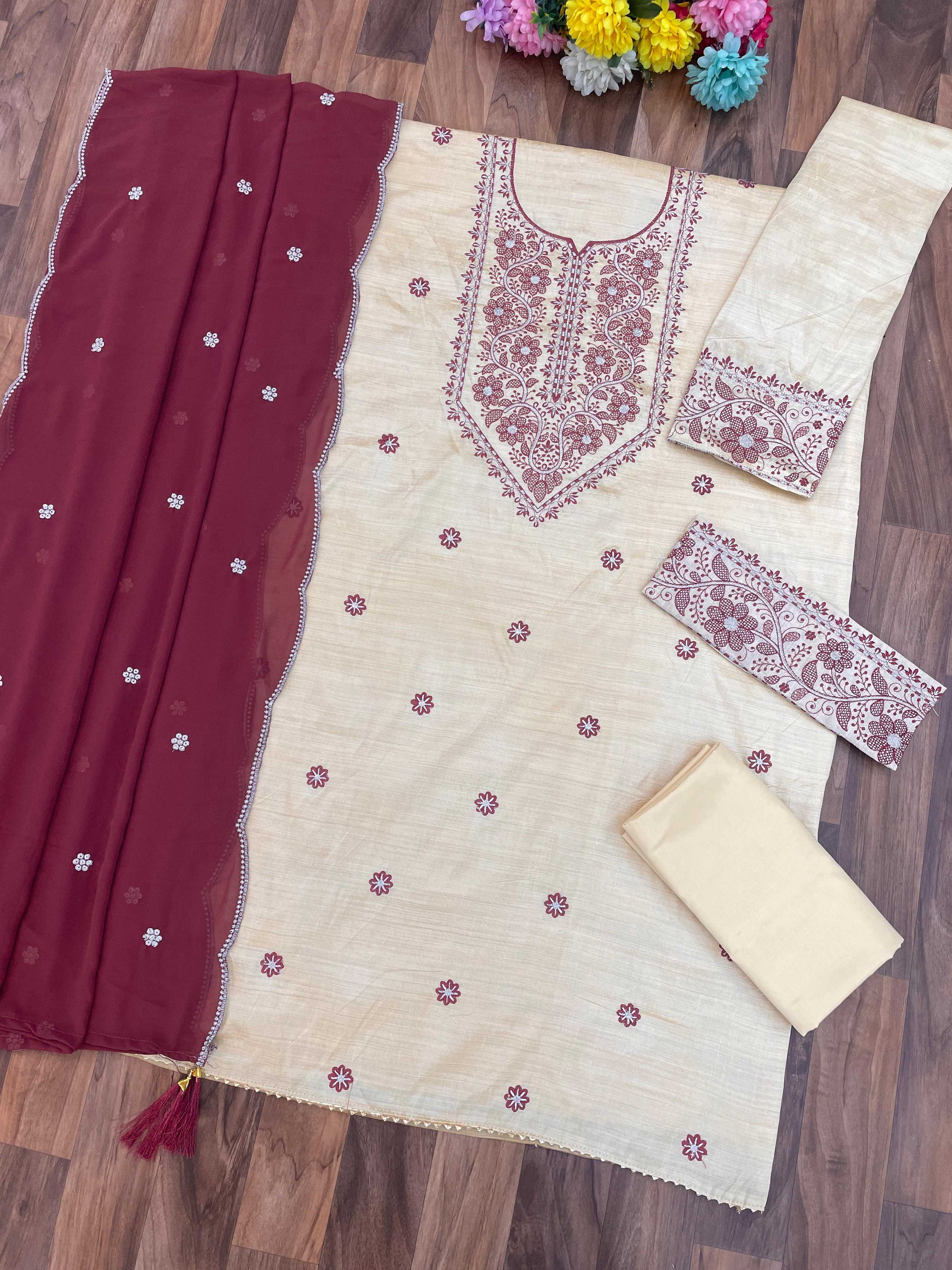 Anaita White Maroon Khadi Cotton Suit with Embroidery & Patchwork - Dista