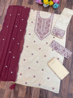 Thumbnail for Anaita White Maroon Khadi Cotton Suit with Embroidery & Patchwork - Dista