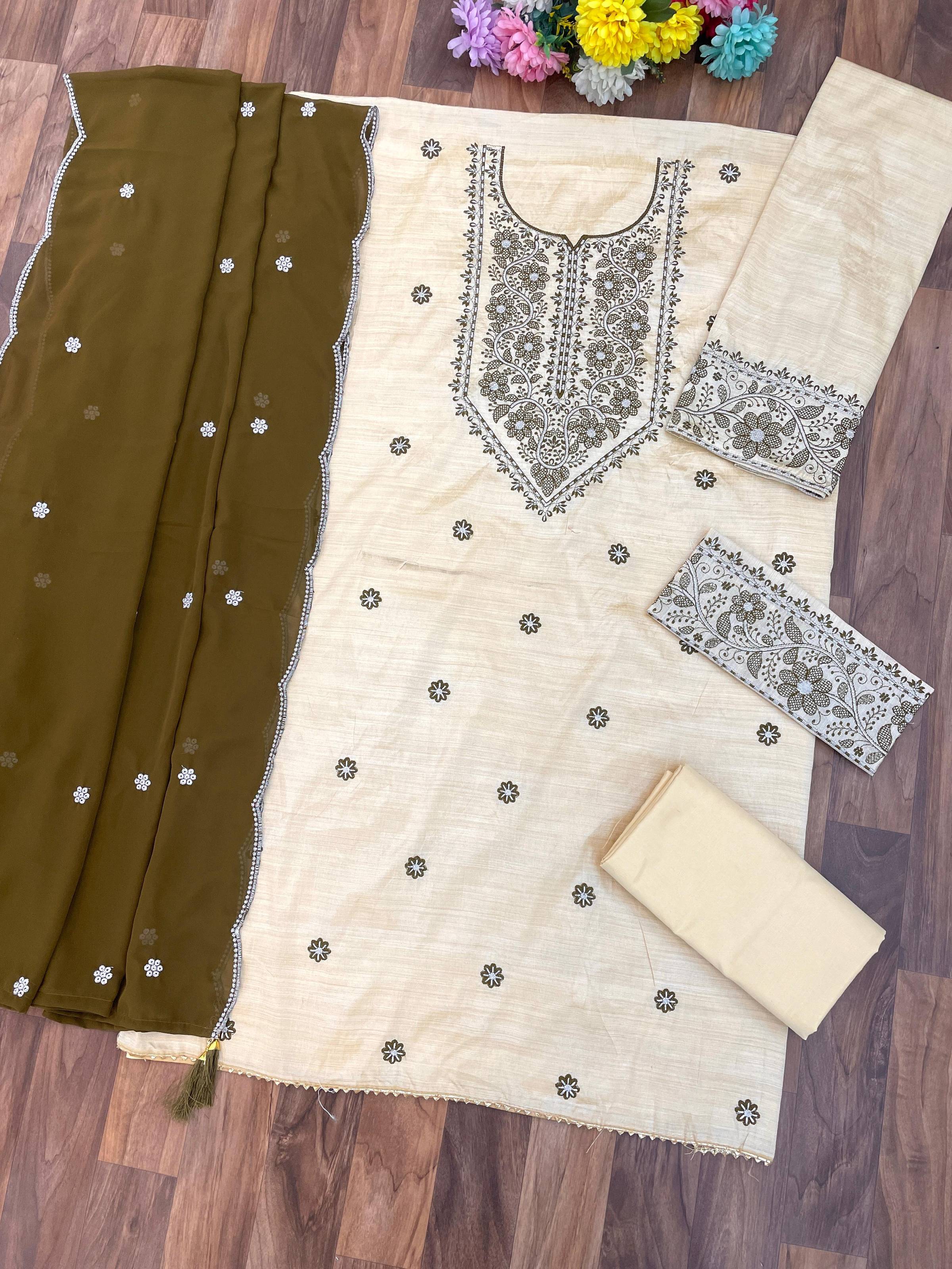 Anaita White Mehendi Khadi Cotton Suit with Embroidery & Patchwork - Dista