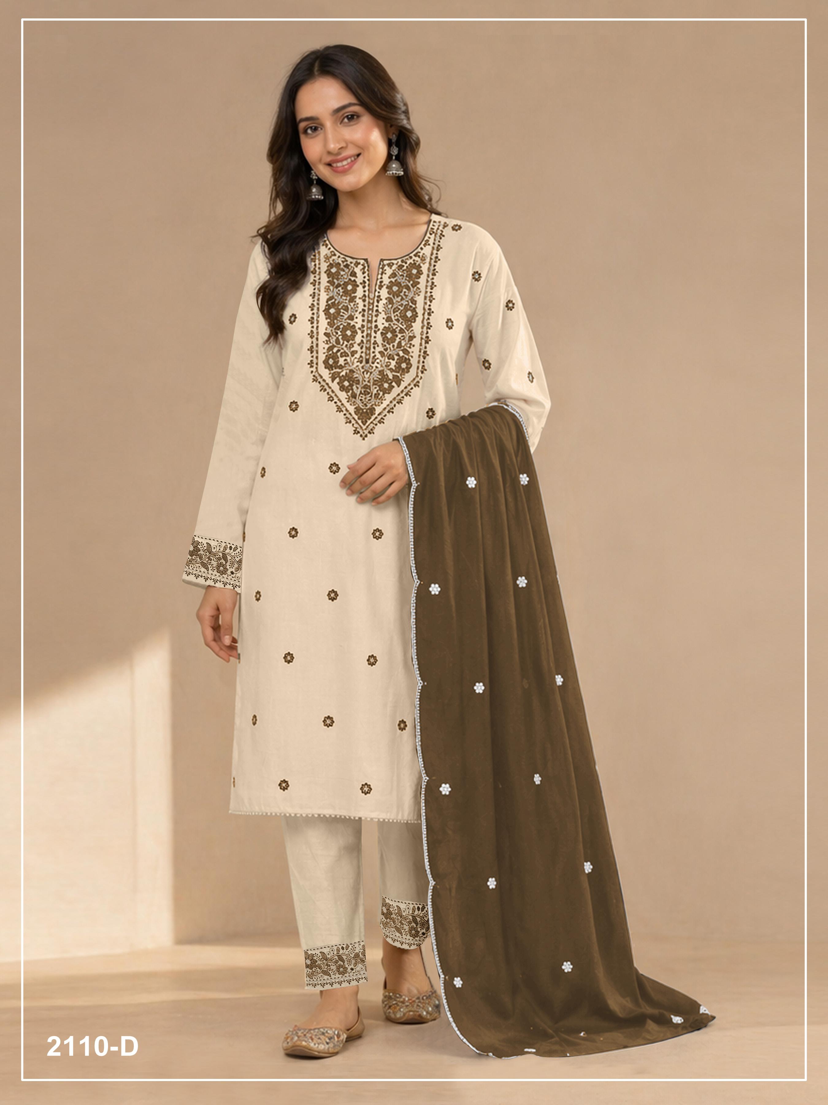 Anaita White Mehendi Khadi Cotton Suit with Embroidery & Patchwork - Dista