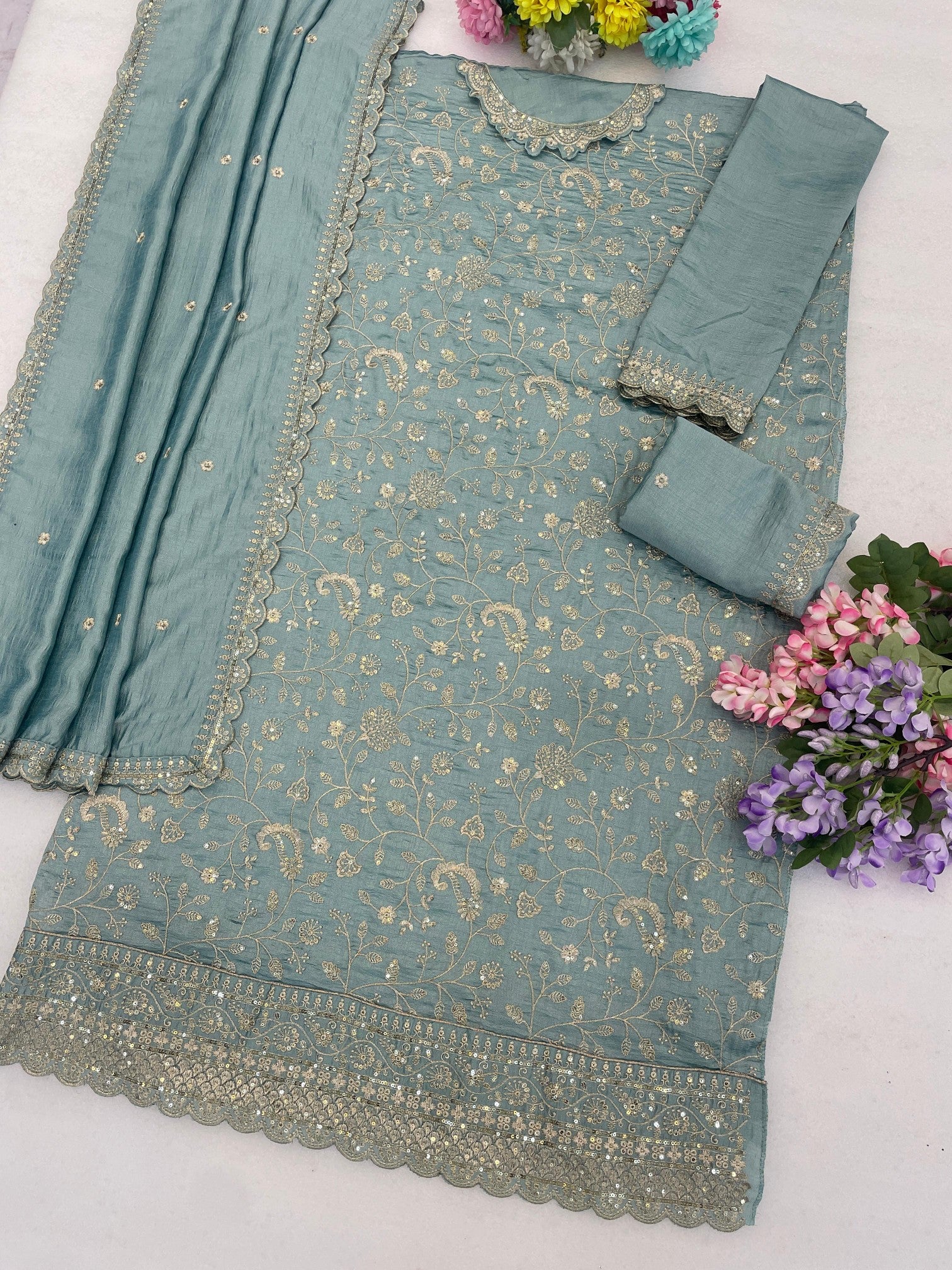 Anaita Blue Vichitra Silk Semi Stitched Suit with Embroidery & Sequence Work - Dista