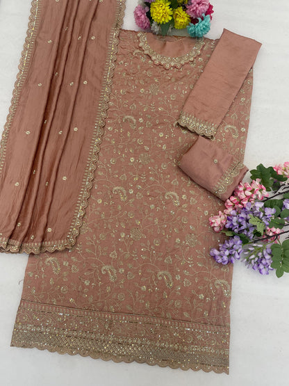 Anaita Peach Vichitra Silk Semi Stitched Suit with Embroidery & Sequence Work - Dista