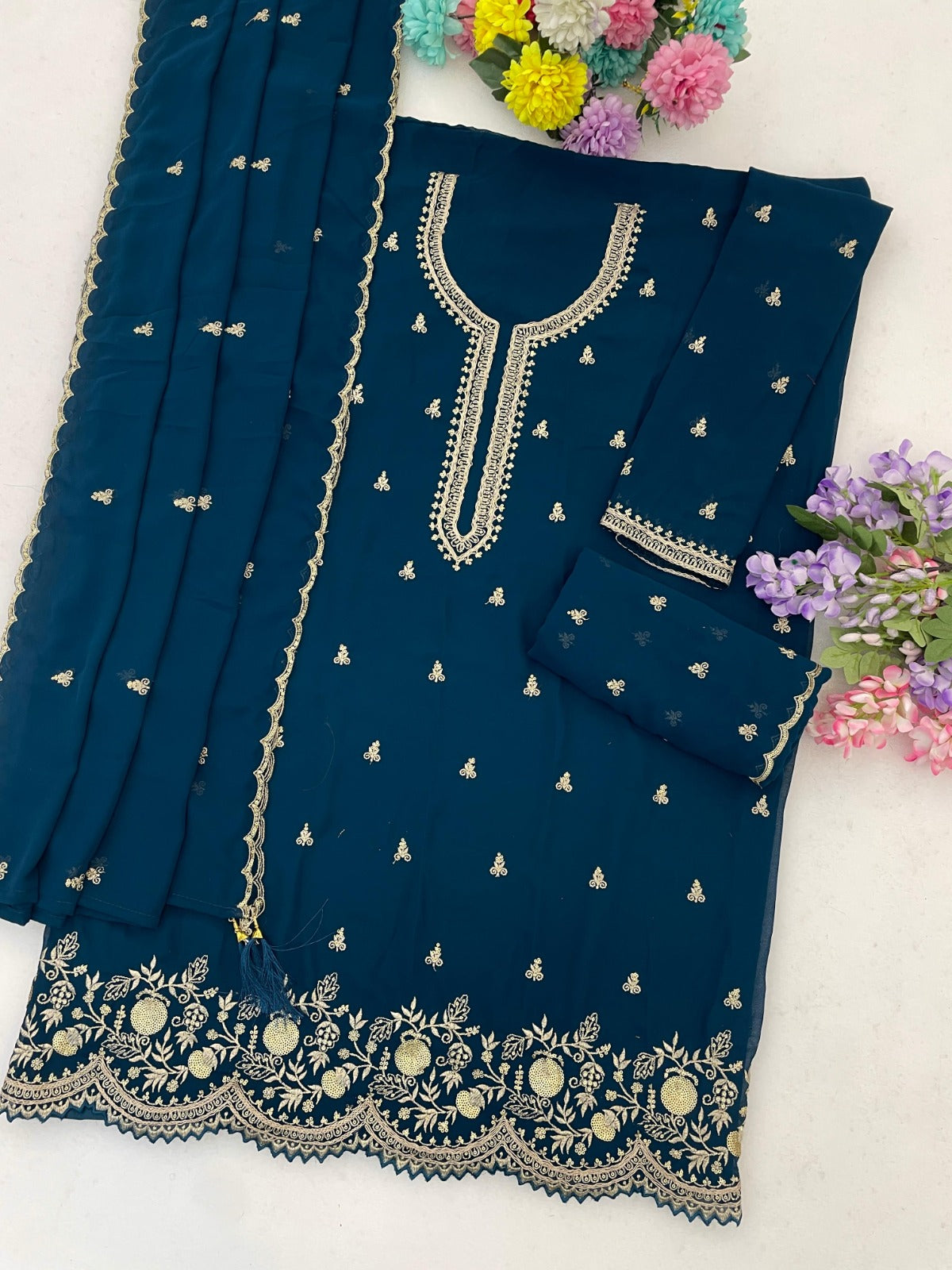 Anaita Teal Blue Fox Georgette Semi Stitched Suit with Embroidery & Sequence Work - Dista