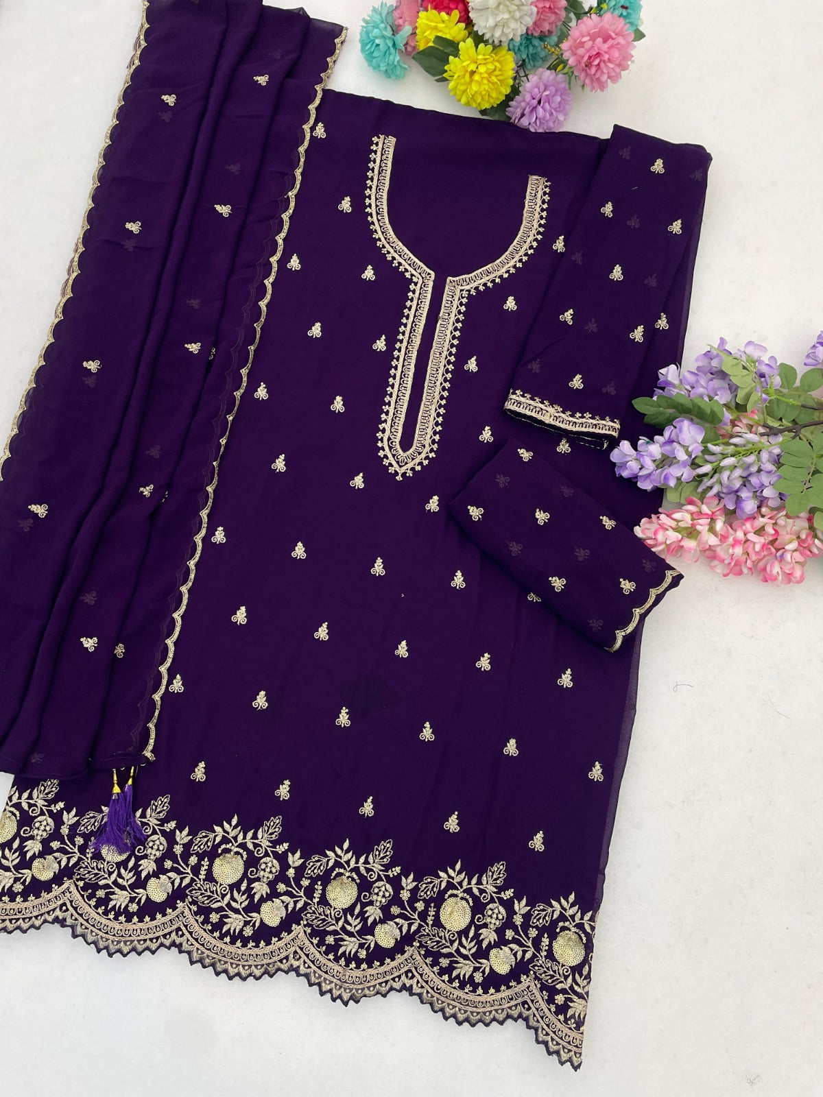 Anaita Violet Fox Georgette Semi Stitched Suit with Embroidery & Sequence Work - Dista