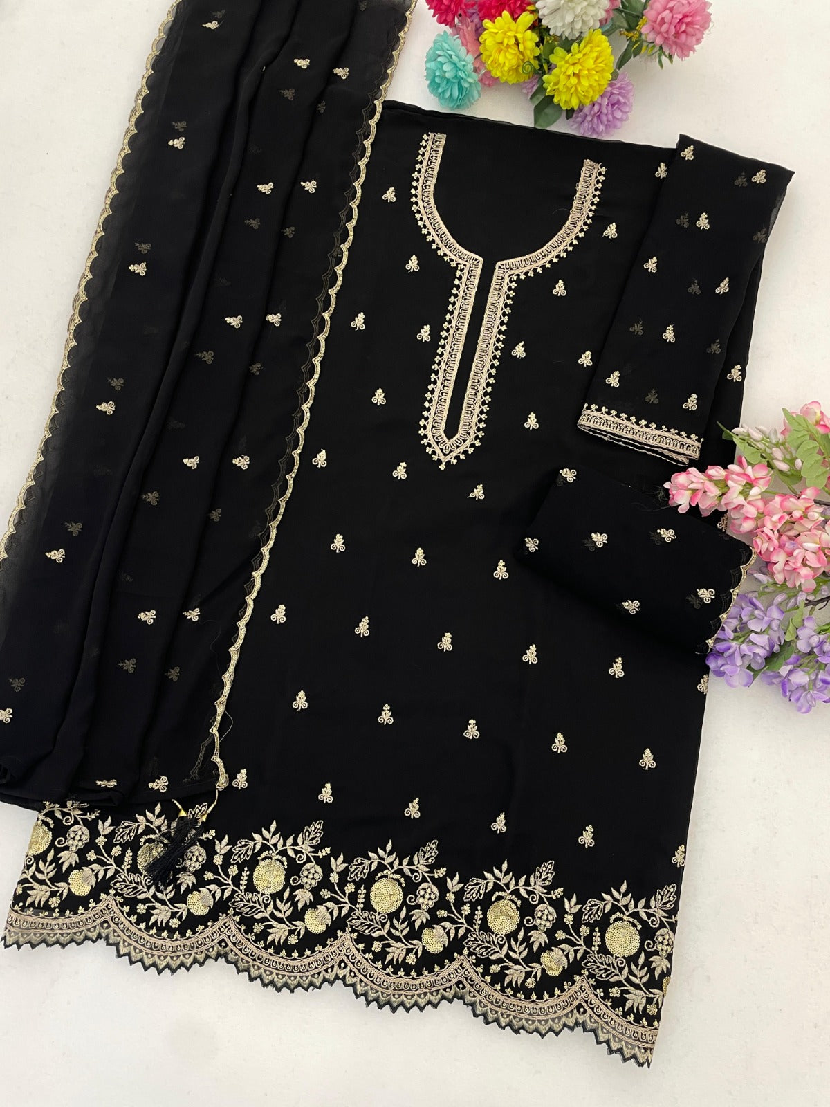 Anaita Black Fox Georgette Semi Stitched Suit with Embroidery & Sequence Work - Dista