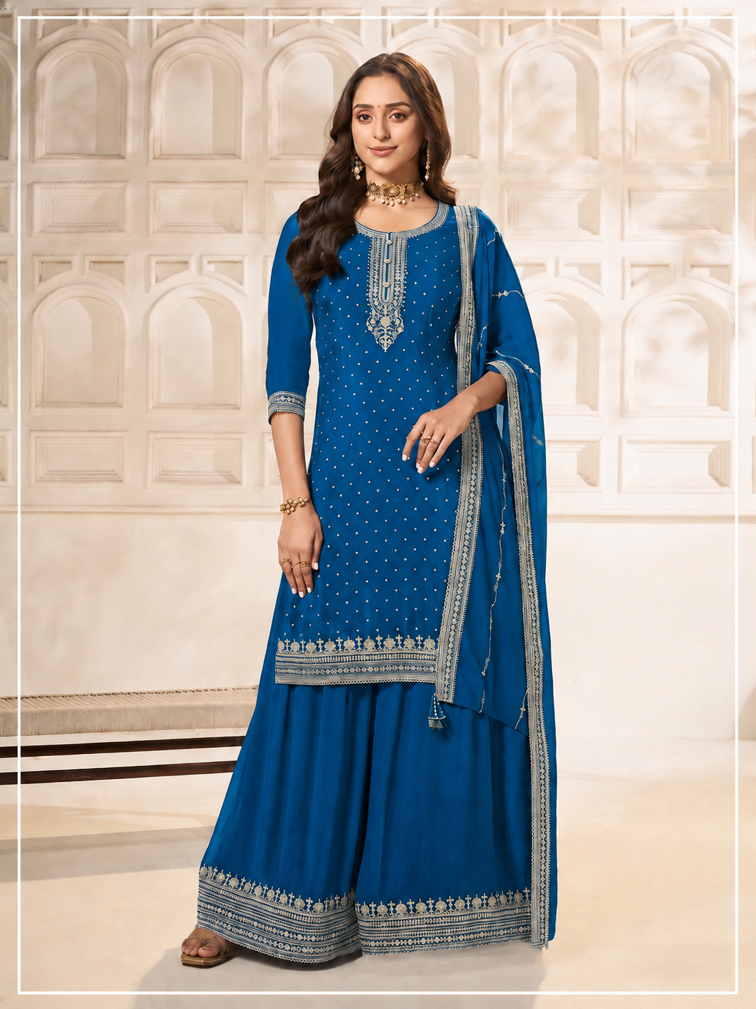 Anaita Blue Dola Silk Semi Stitched Suit with Embroidery & Sequence Work - Dista