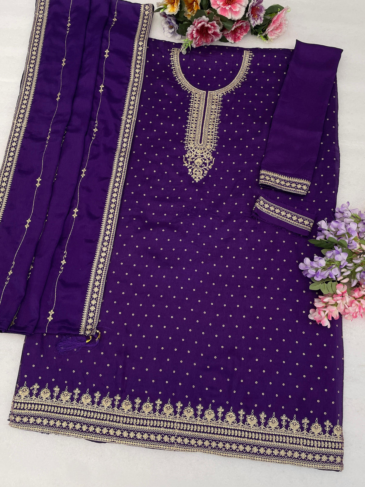 Anaita Violet Dola Silk Semi Stitched Suit with Embroidery & Sequence Work - Dista