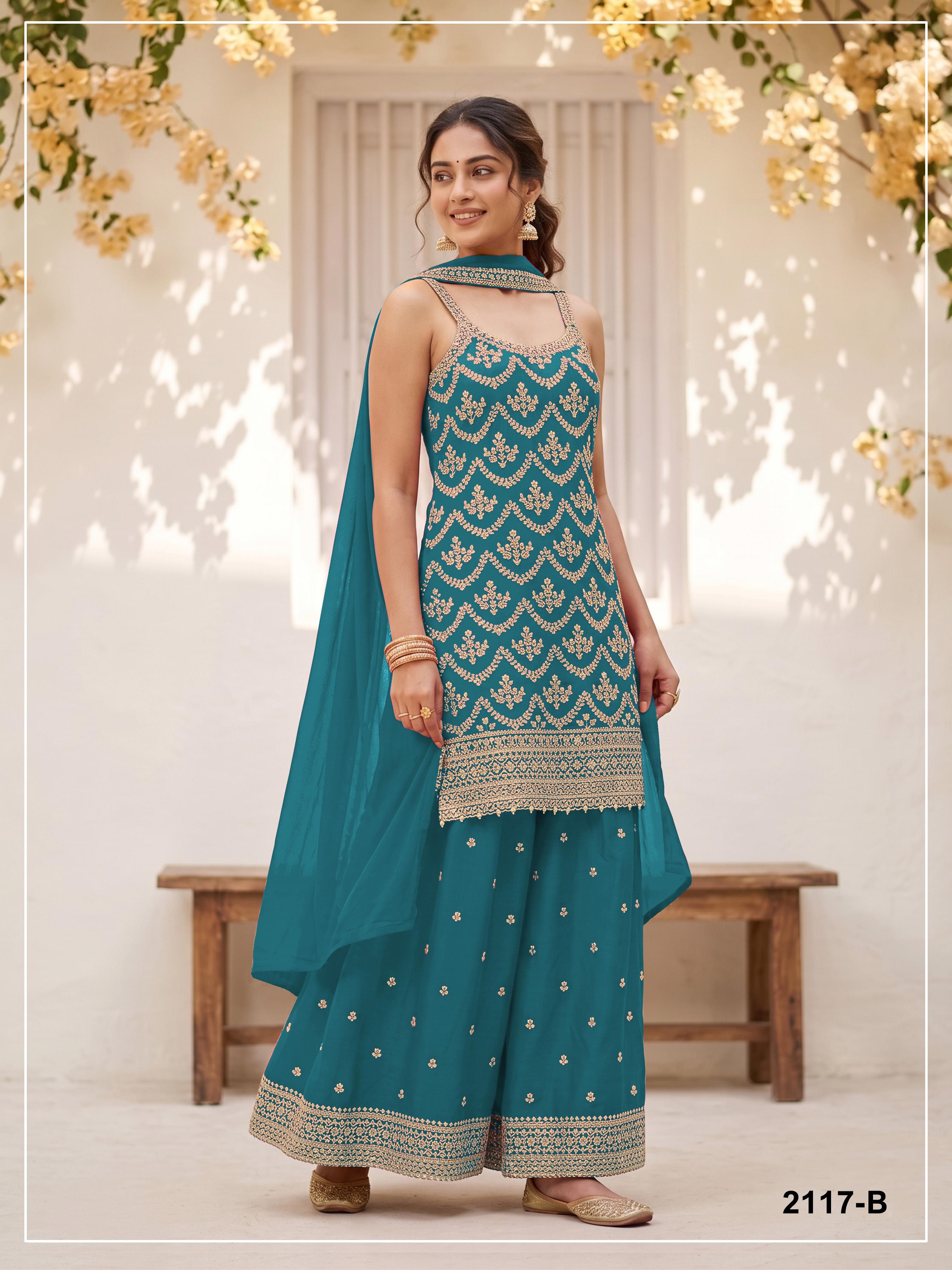 Anaita Blue Chinon Semi Stitched Suit with Embroidery & Sequence Work - Dista