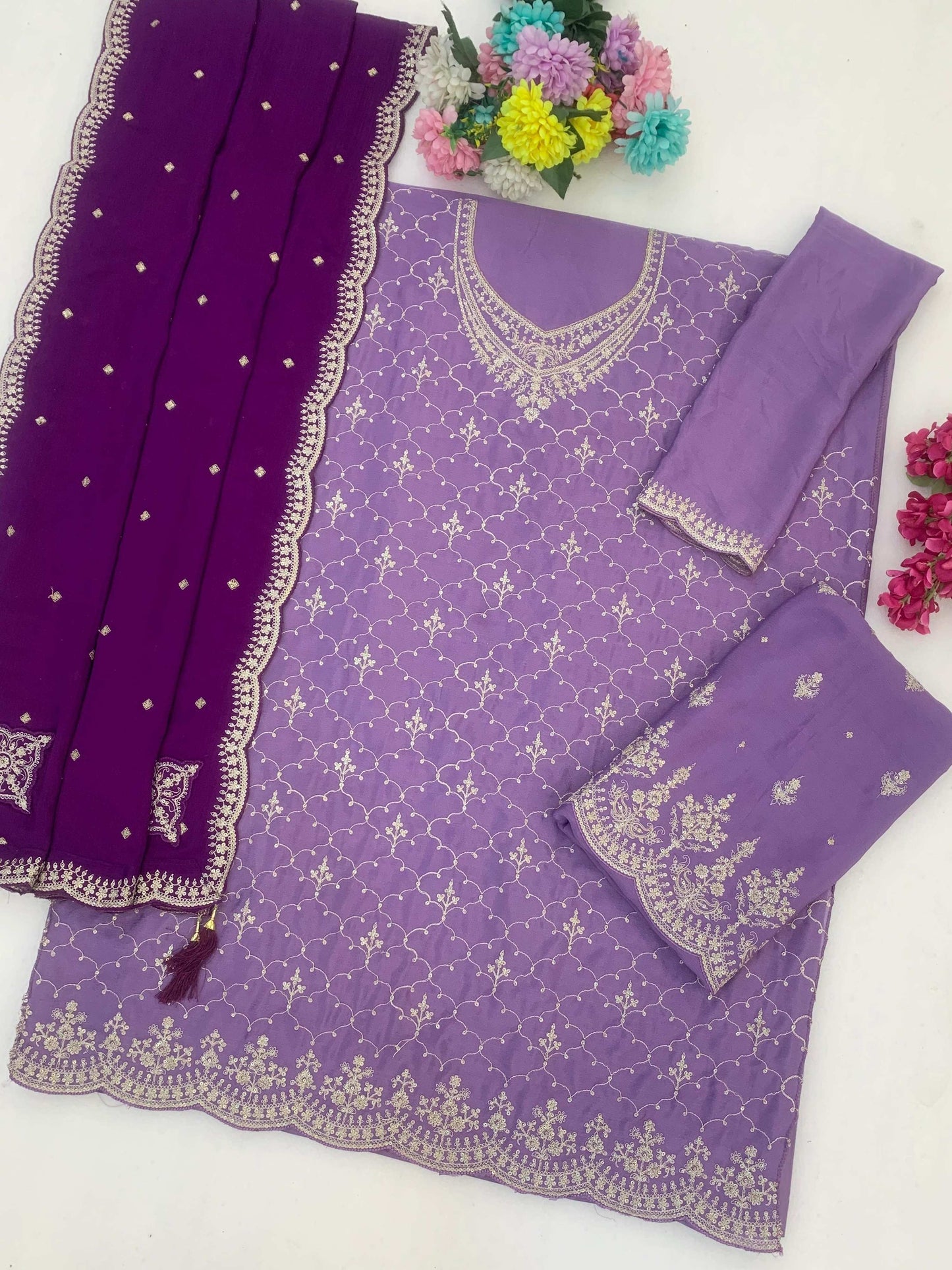 Anaita Lavender Chinon Semi Stitched Suit with Embroidery & Sequence Work - Dista