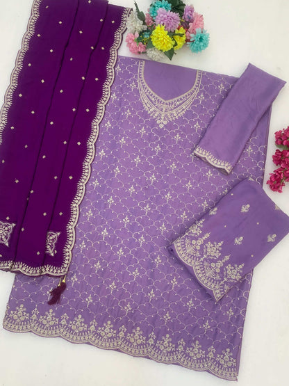 Anaita Lavender Chinon Semi Stitched Suit with Embroidery & Sequence Work - Dista