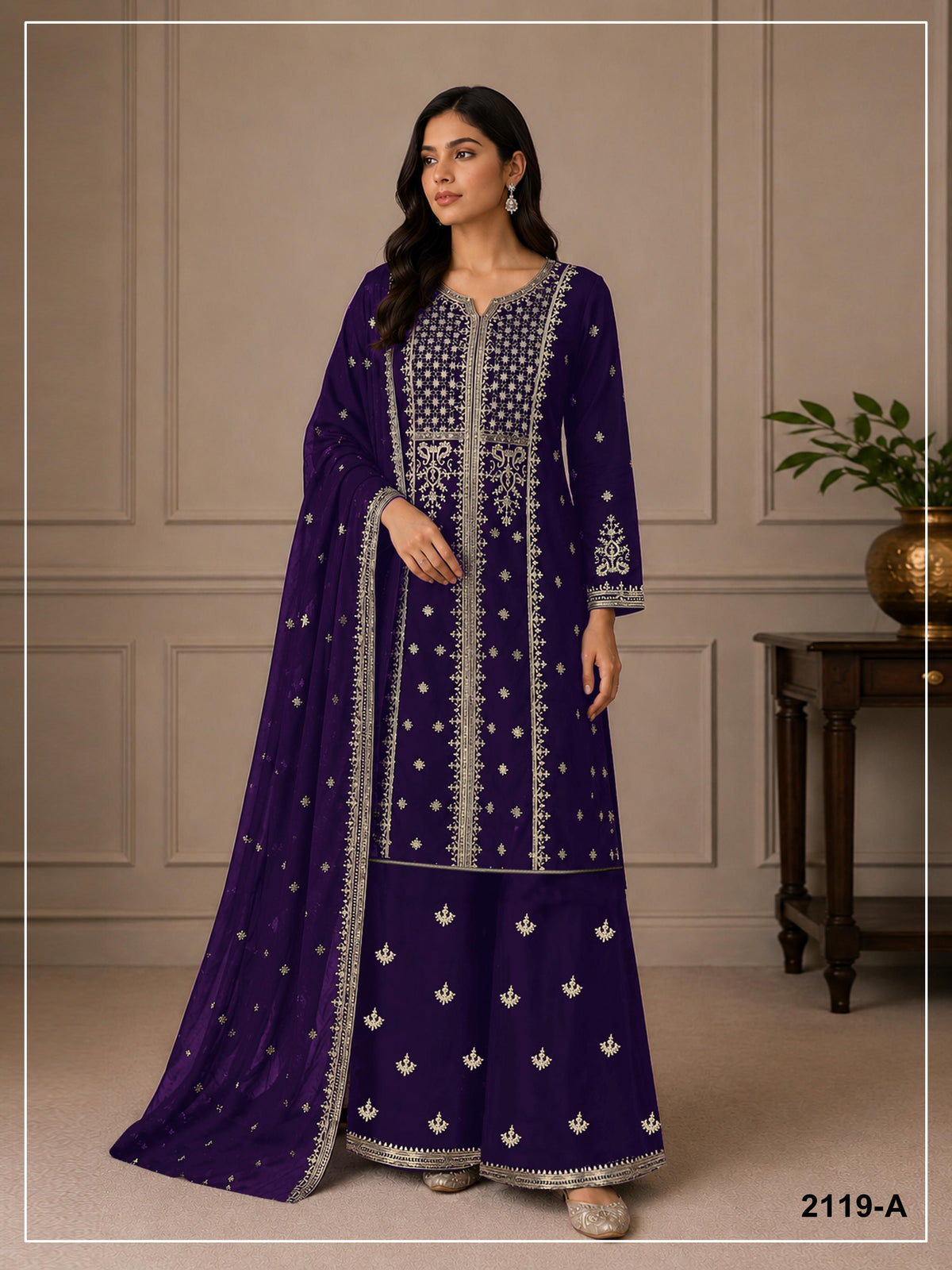 Anaita Violet Georgette Semi Stitched Suit with Embroidery & Sequence Work - Dista