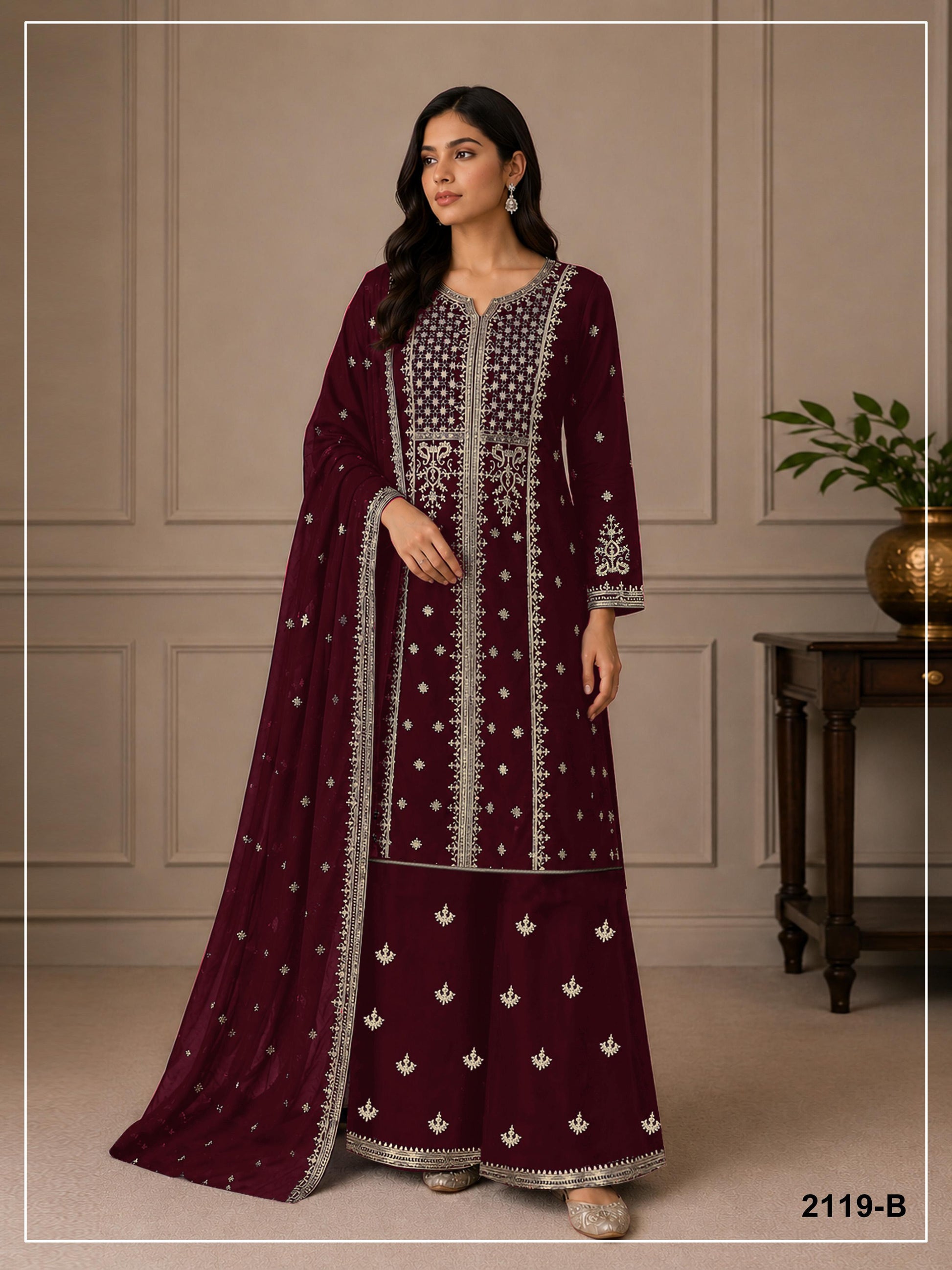 Anaita Maroon Georgette Semi Stitched Suit with Embroidery & Sequence Work - Dista