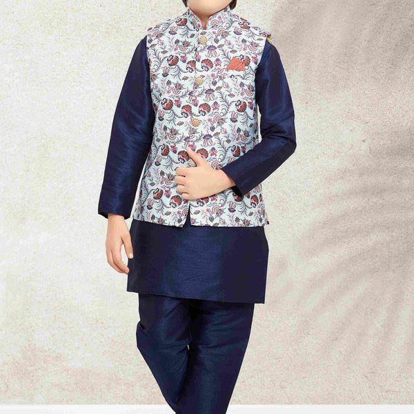Raivat Ethnic Banarasi Silk Digital Printed Kurta Pajama With Jacket In Sky Blue Colour - Distacart