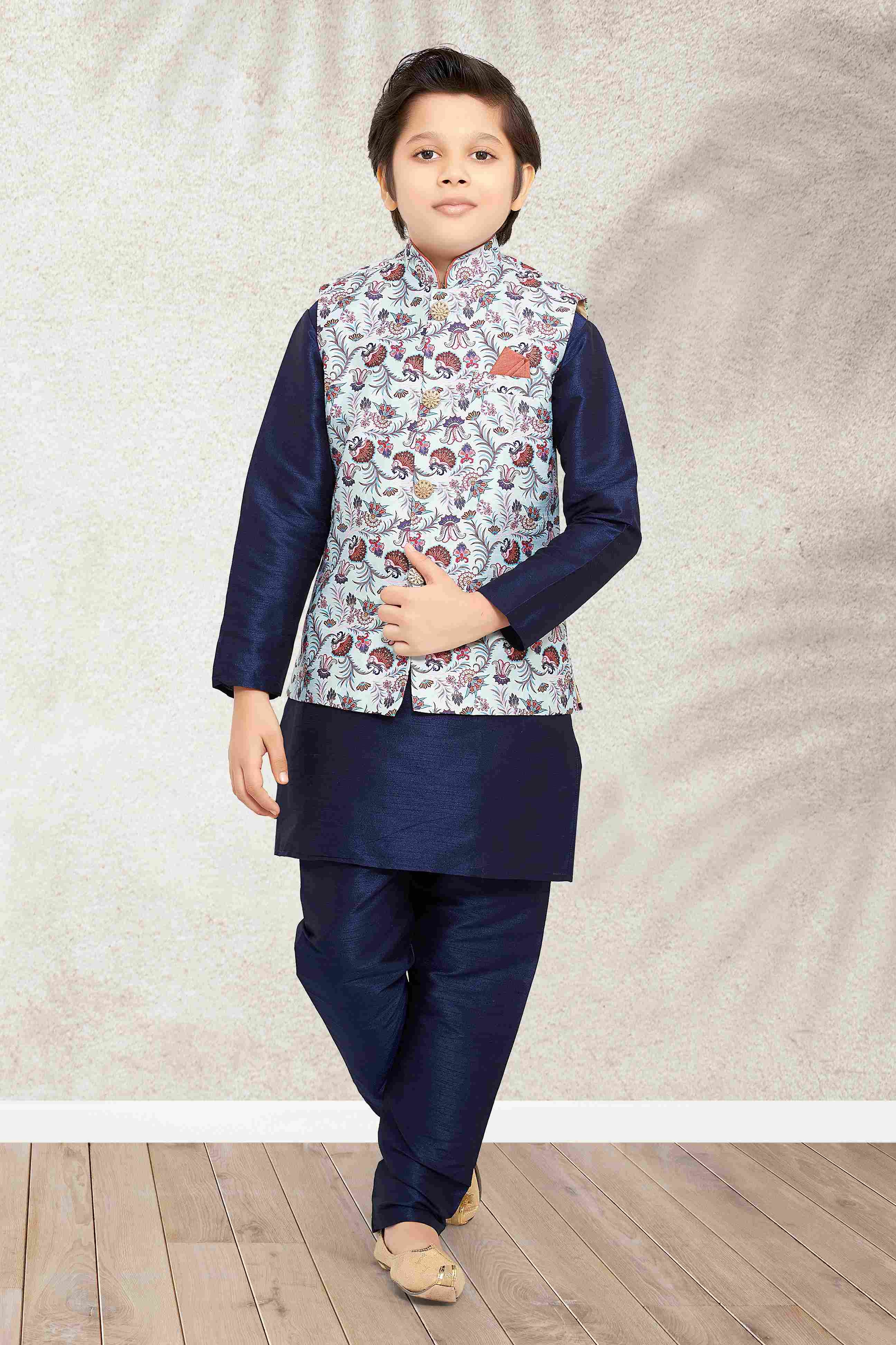 Raivat Ethnic Banarasi Silk Digital Printed Kurta Pajama With Jacket In Sky Blue Colour - Distacart