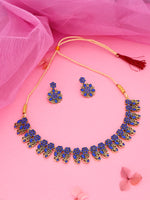 Thumbnail for Tehzeeb Creations Luxurious Gold Polished Blue Colour Choker Necklace Set With Matching Earrings - Distacart