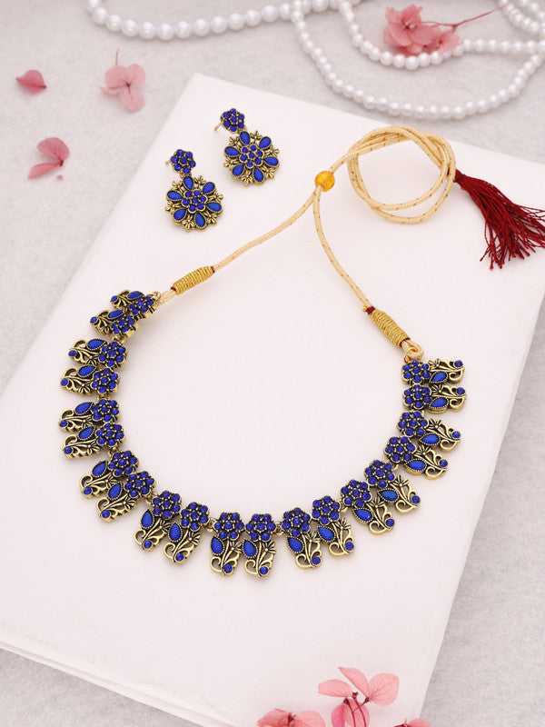 Tehzeeb Creations Luxurious Gold Polished Blue Colour Choker Necklace Set With Matching Earrings - Distacart