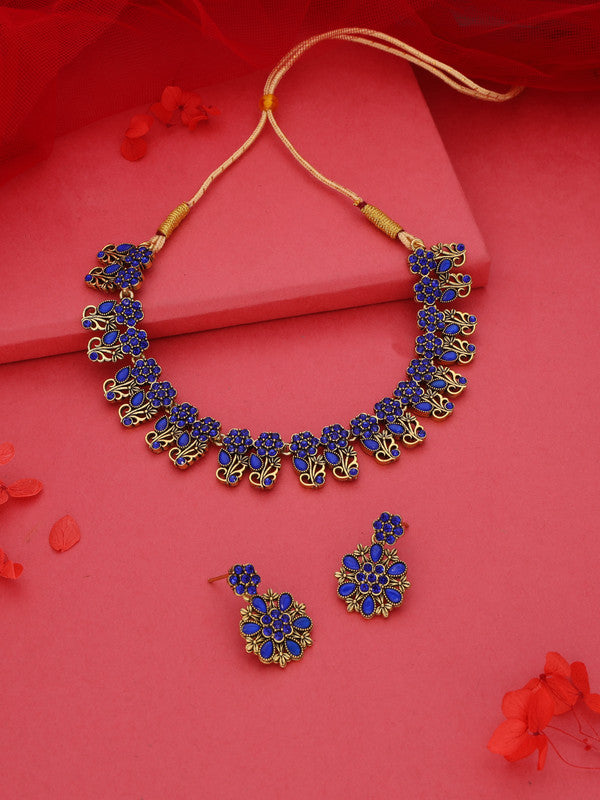 Tehzeeb Creations Luxurious Gold Polished Blue Colour Choker Necklace Set With Matching Earrings - Distacart