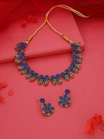 Thumbnail for Tehzeeb Creations Luxurious Gold Polished Blue Colour Choker Necklace Set With Matching Earrings - Distacart