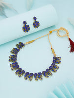 Thumbnail for Tehzeeb Creations Luxurious Gold Polished Blue Colour Choker Necklace Set With Matching Earrings - Distacart