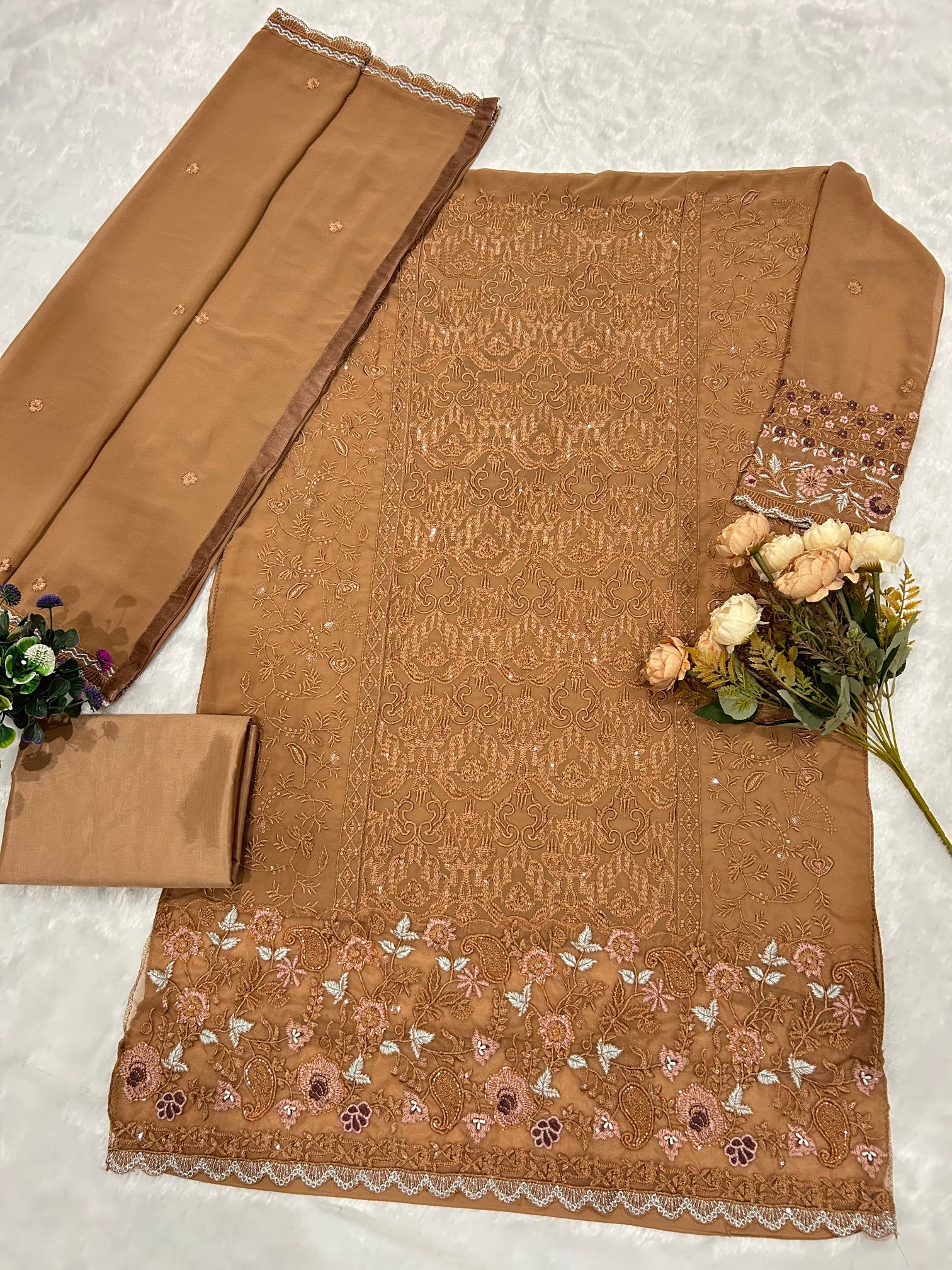 Anaita Brown Fox Georgette Suit with Embroidery & Sequence Work - Dista