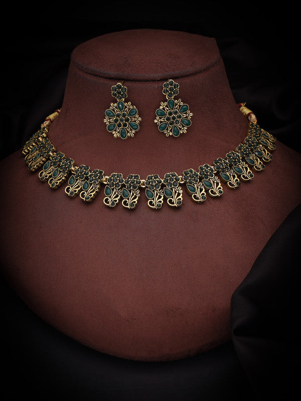Tehzeeb Creations Luxurious Gold Polished Green Colour Choker Necklace Set With Matching Earrings - Distacart