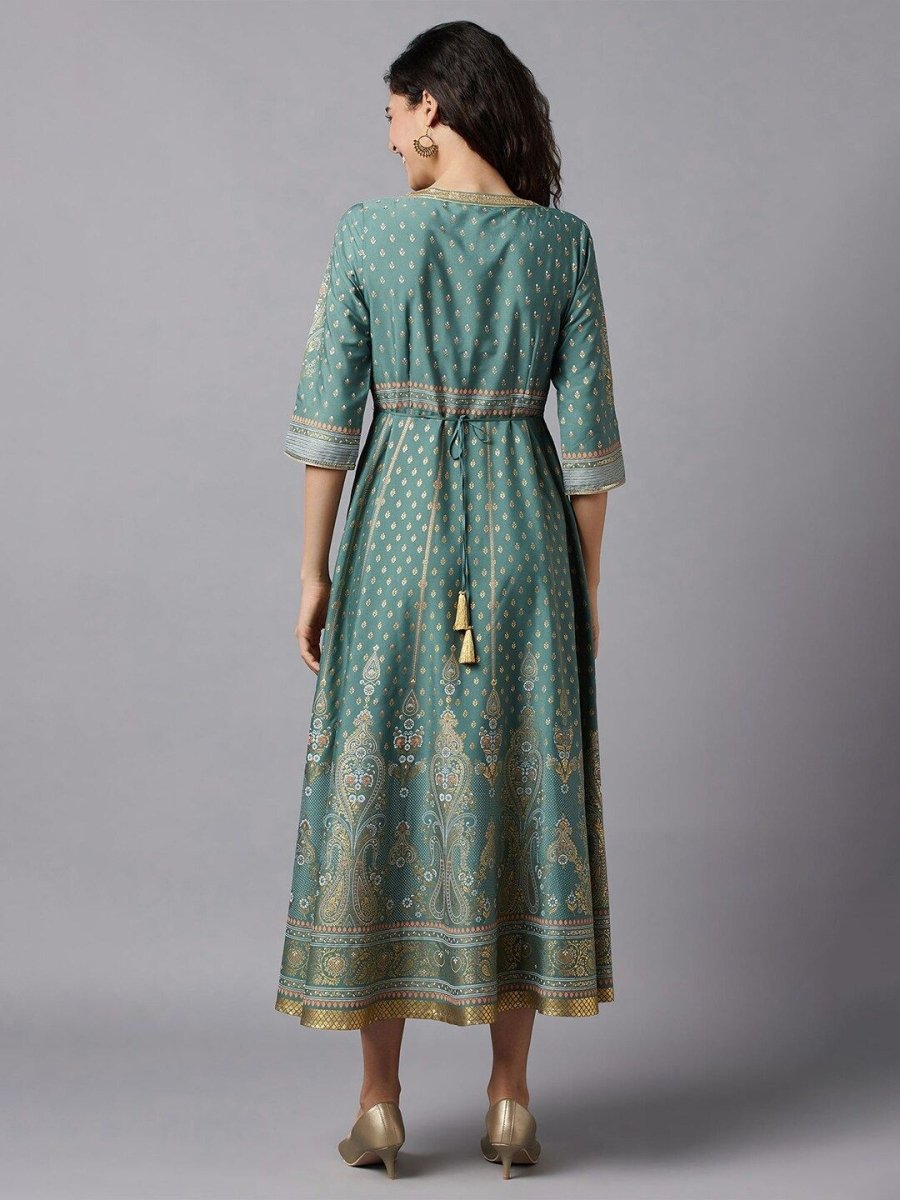 AURELIA Green & Gold-Toned Ethnic Motifs Printed A-Line Midi Dress
