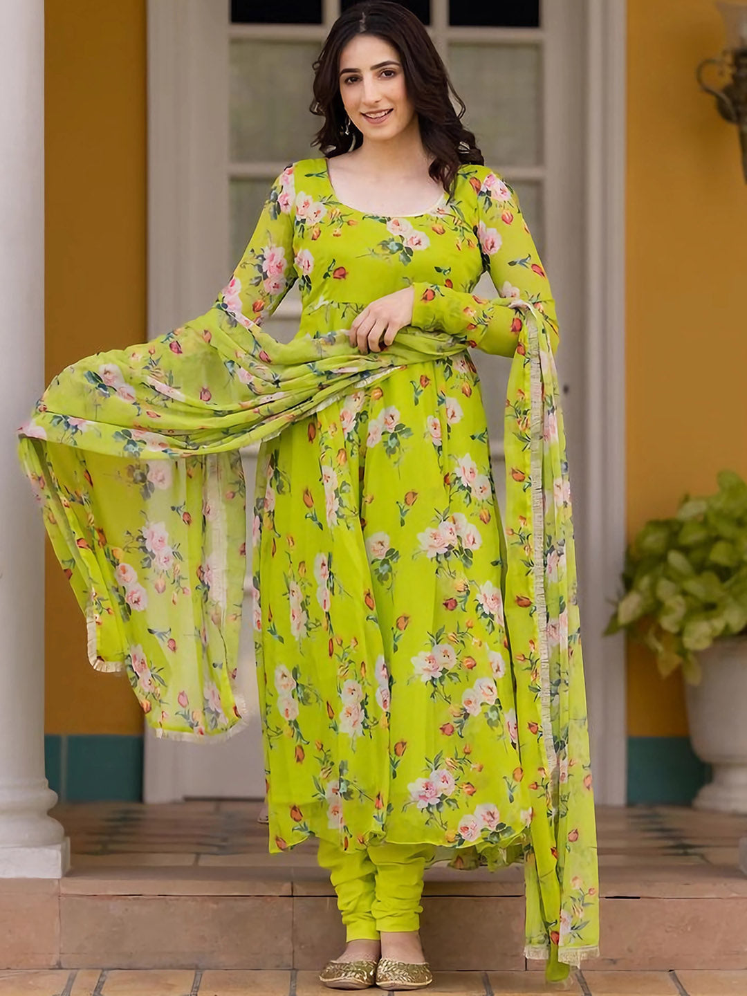 Kalini Floral Printed Long Sleeves Regular Gotta Patti Kurta With Churidar & Dupatta - Distacart