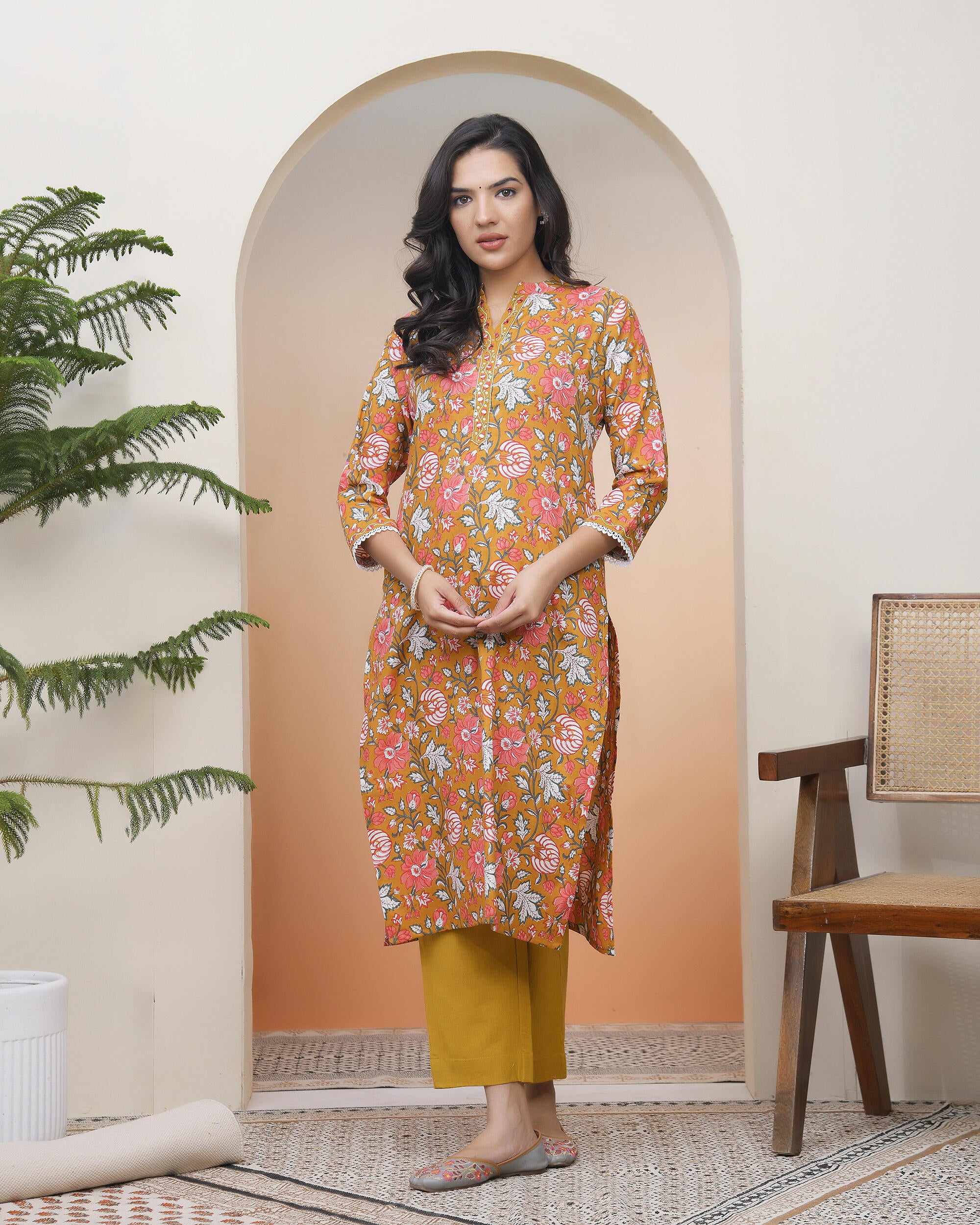 Vaasva Women Mustard Cotton Printed Straight Kurti