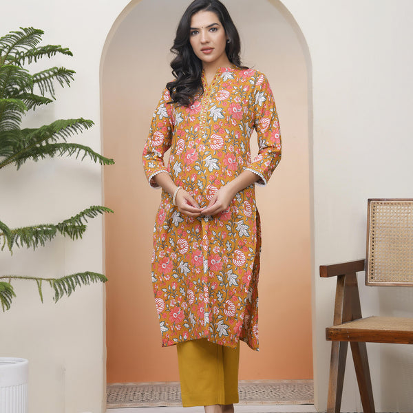 Vaasva Women Mustard Cotton Printed Straight Kurti