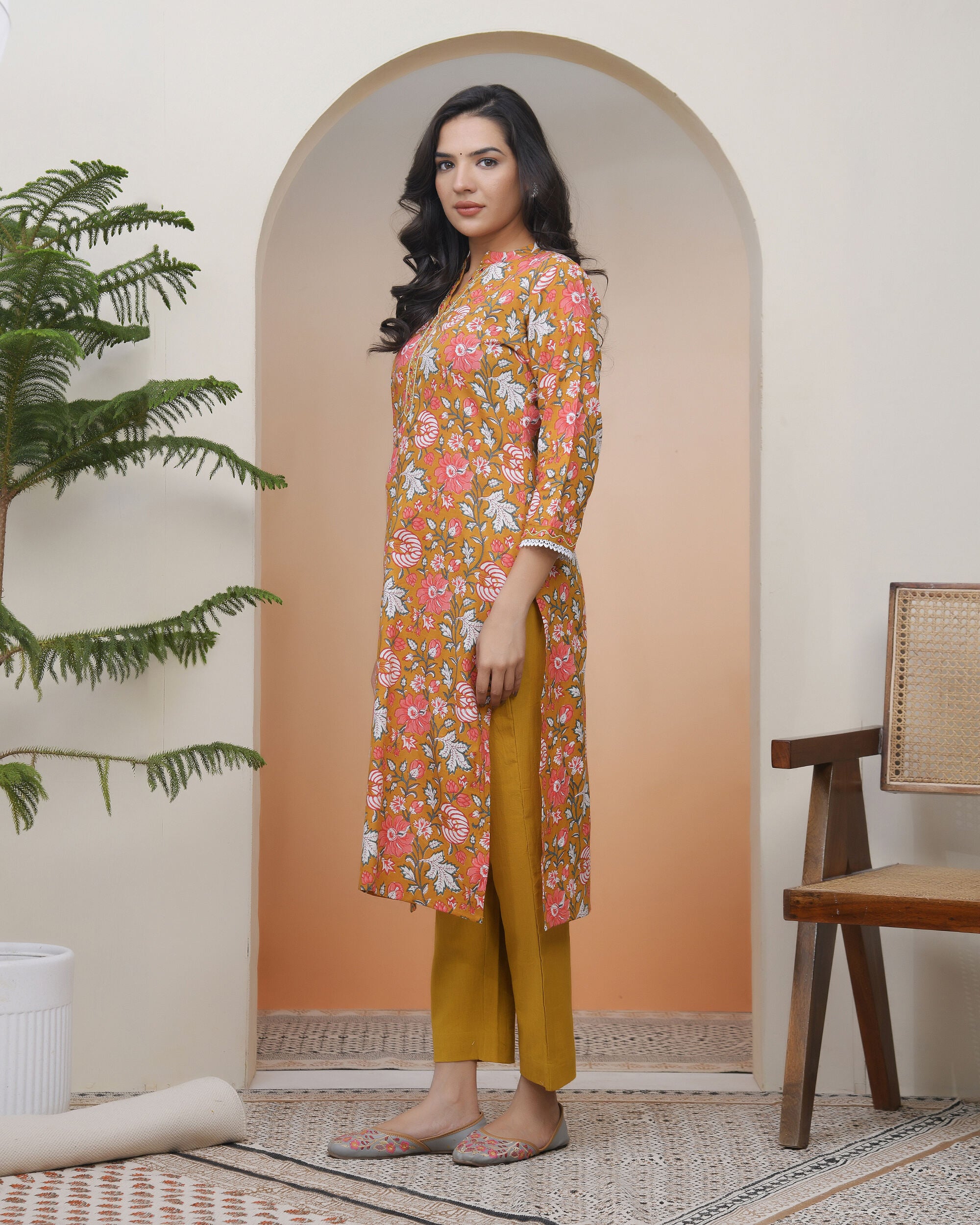 Vaasva Women Mustard Cotton Printed Straight Kurti