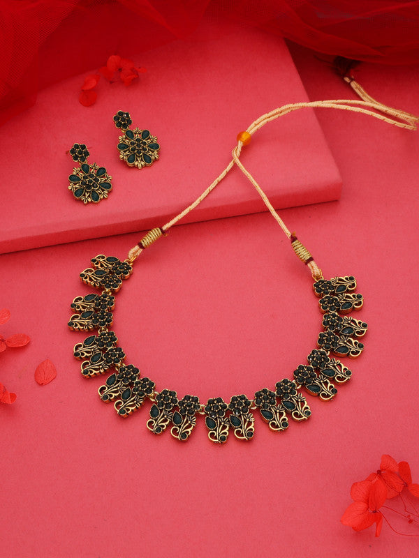 Tehzeeb Creations Luxurious Gold Polished Green Colour Choker Necklace Set With Matching Earrings - Distacart
