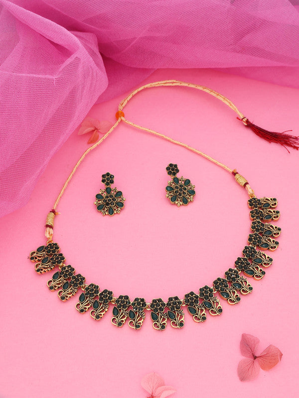 Tehzeeb Creations Luxurious Gold Polished Green Colour Choker Necklace Set With Matching Earrings - Distacart
