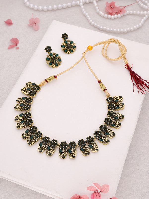 Tehzeeb Creations Luxurious Gold Polished Green Colour Choker Necklace Set With Matching Earrings - Distacart