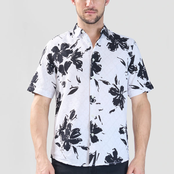 Xkind White Floral Printed Textured Regular Fit Shirt